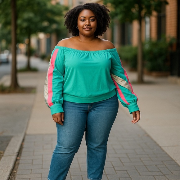 Off Shoulder Pink Strip Sweater Top - Picture 2 of 8